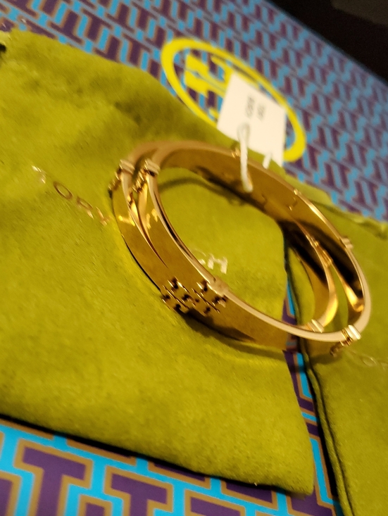 Tory Burch Rose Gold Logo Hinged Bangle Set